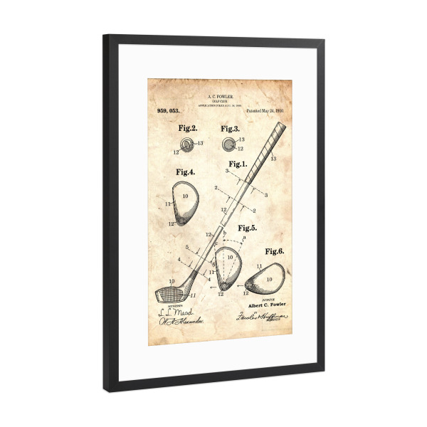 Poster mit Rahmen Schwarz (Metallic) "Golfschläger patent (Antik)" artboxONE - Sport - Golfschläger,Patent,Golf,Vintage,Sport,Retro
