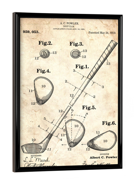 Poster mit schwarzem Rahmen "Golfschläger patent (Antik)" artboxONE - Sport - Golfschläger,Patent,Golf,Vintage,Sport,Retro