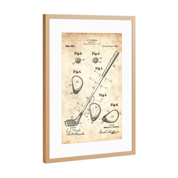 Poster mit Rahmen Kupfer "Golfschläger patent (Antik)" artboxONE - Sport - Golfschläger,Patent,Golf,Vintage,Sport,Retro