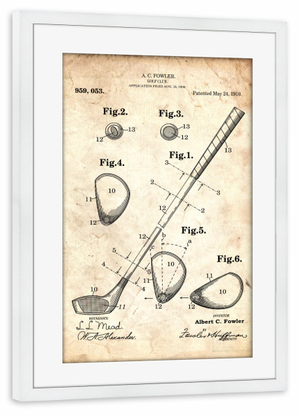Poster mit Rahmen weiß "Golfschläger patent (Antik)" artboxONE - Sport - Golfschläger,Patent,Golf,Vintage,Sport,Retro