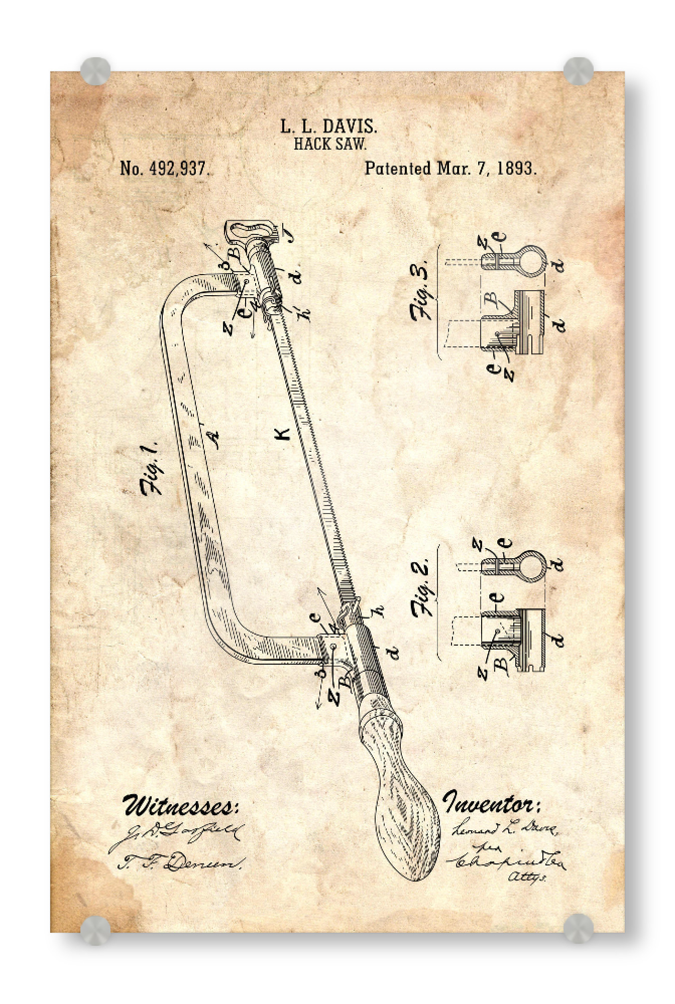 Acrylglasbild "Bügelsäge Patent (Antik)" artboxONE - Für Papa - Zimmerei,Werkzeug,Patent,Retro,Entwurf,Technologie,Vater,Fachmann,Bügelsäge,Säge