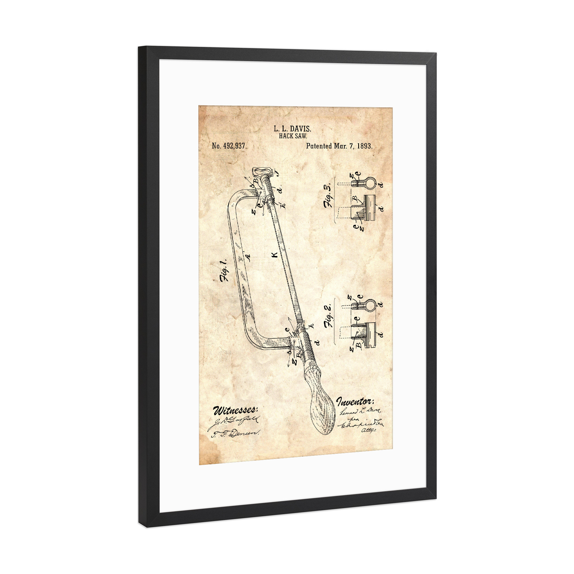 Poster mit Rahmen Schwarz (Metallic) "Bügelsäge Patent (Antik)" artboxONE - Für Papa