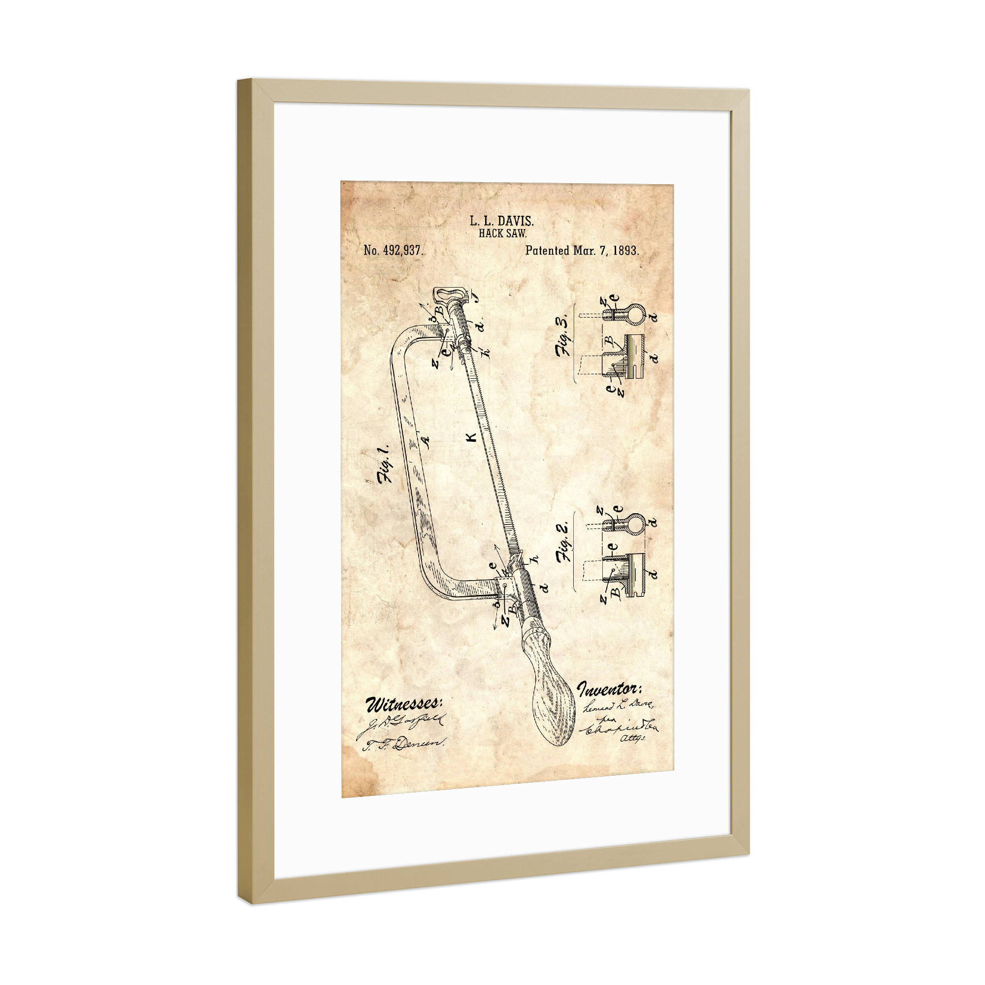 Poster mit Rahmen Gold "Bügelsäge Patent (Antik)" artboxONE - Für Papa