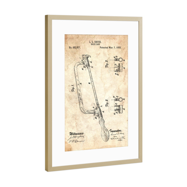 Poster mit Rahmen Gold "Bügelsäge Patent (Antik)" artboxONE - Für Papa