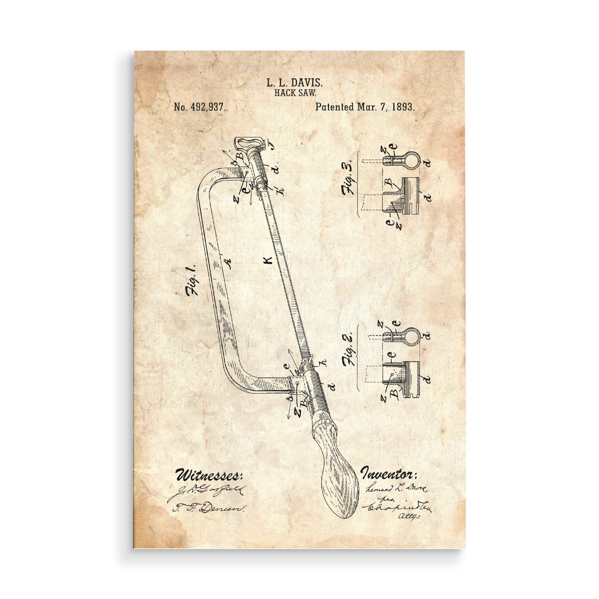 Holzbild "Bügelsäge Patent (Antik)" artboxONE - Für Papa - Zimmerei,Werkzeug,Patent,Retro,Entwurf,Technologie,Vater,Fachmann,Bügelsäge,Säge