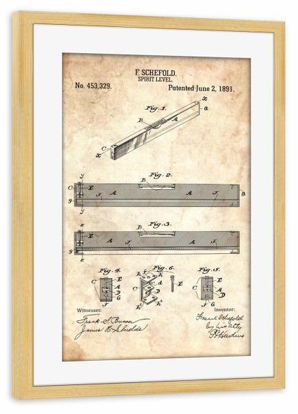 Poster mit Rahmen kiefer "Wasserwaage Patent (Antik)" artboxONE - Für Papa