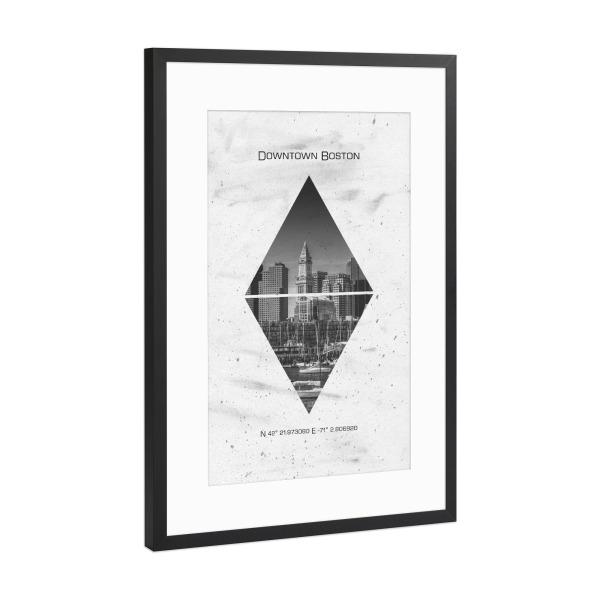 Poster mit Rahmen Schwarz (Metallic) "Koordinaten BOSTON Downtown" artboxONE - Schwarzweiß,Städte / Boston - Skyline,Vintage,North end