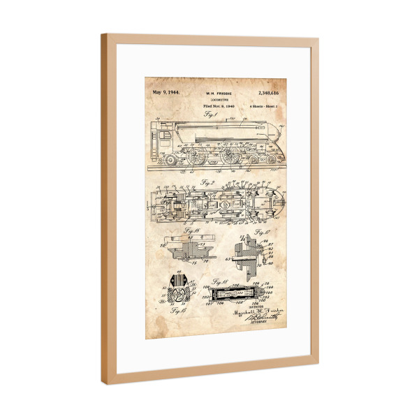 Poster mit Rahmen Kupfer "Vintage Lokomotive (Antik)" artboxONE - Reise - Zug,Lokomotive,Eisenbahn,Bahn,Patent,Entwurf,Transport,Reise,Travel