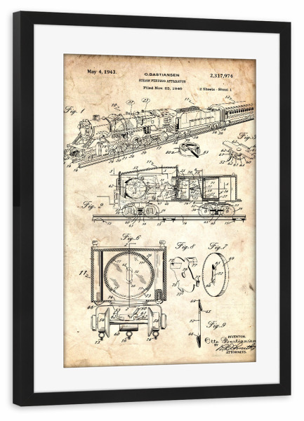 Poster mit Rahmen schwarz "Retro Zug Patent (Antik)" artboxONE - Reise - Zug,Lokomotive,Eisenbahn,Bahn,Patent,Entwurf,Transport,Reise,Travel