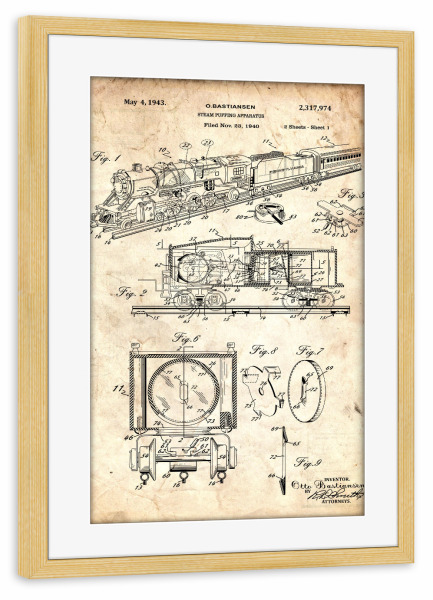 Poster mit Rahmen kiefer "Retro Zug Patent (Antik)" artboxONE - Reise - Zug,Lokomotive,Eisenbahn,Bahn,Patent,Entwurf,Transport,Reise,Travel