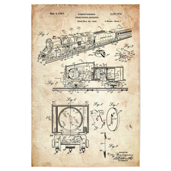 Poster "Retro Zug Patent (Antik)" artboxONE - Reise - Zug,Lokomotive,Eisenbahn,Bahn,Patent,Entwurf,Transport,Reise,Travel
