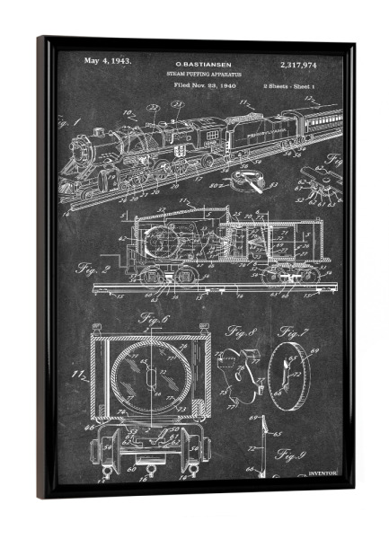 Poster mit schwarzem Rahmen "Retro Zug Patent (Tafel)" artboxONE - Reise,Schwarzweiß