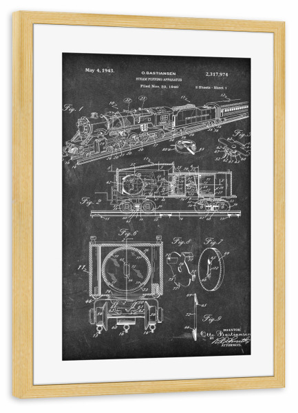 Poster mit Rahmen kiefer "Retro Zug Patent (Tafel)" artboxONE - Reise,Schwarzweiß