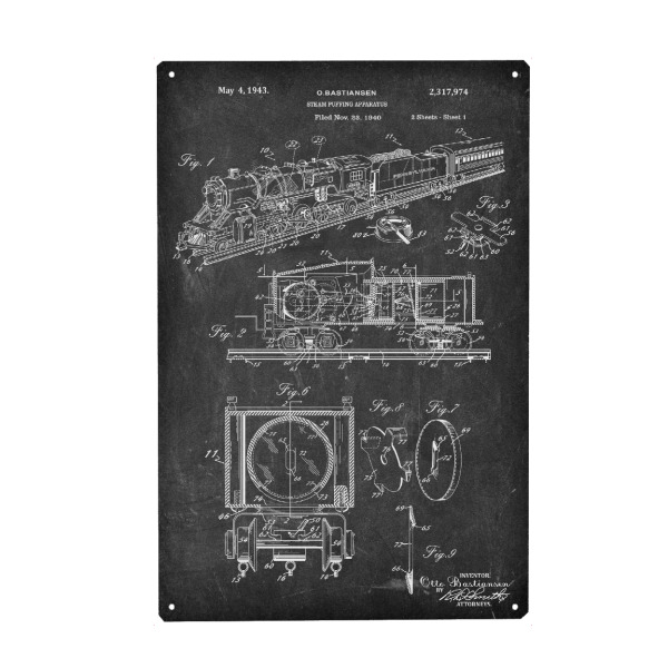 Metall Poster "Retro Zug Patent (Tafel)" artboxONE - Reise,Schwarzweiß - Zug,Lokomotive,Eisenbahn,Bahn,Patent,Entwurf,Transport,Reise,Travel