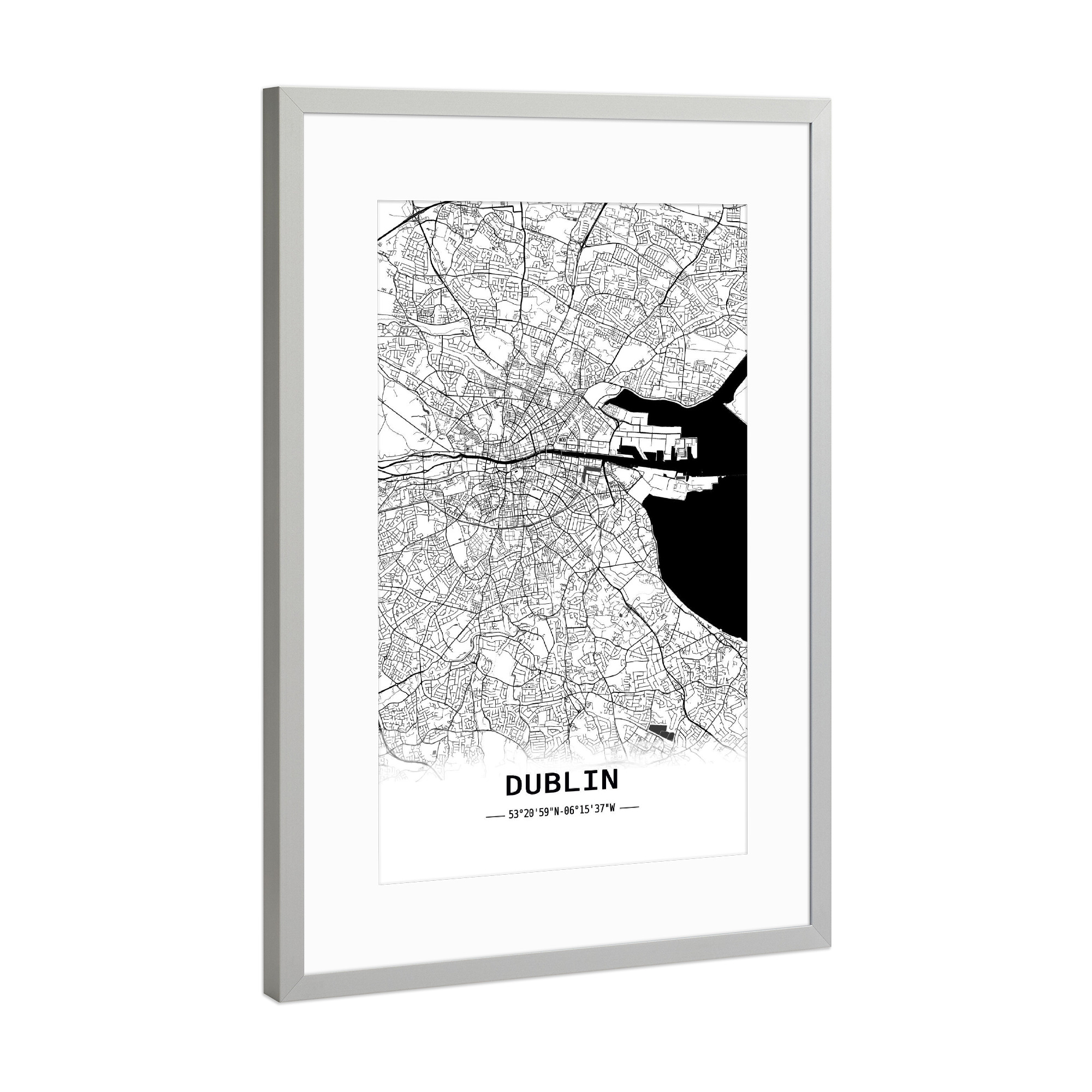Poster mit Rahmen Silber "Dublin Retro Map" artboxONE - Städte,Schwarzweiß,Kartografie - Retro,Map,Dublin