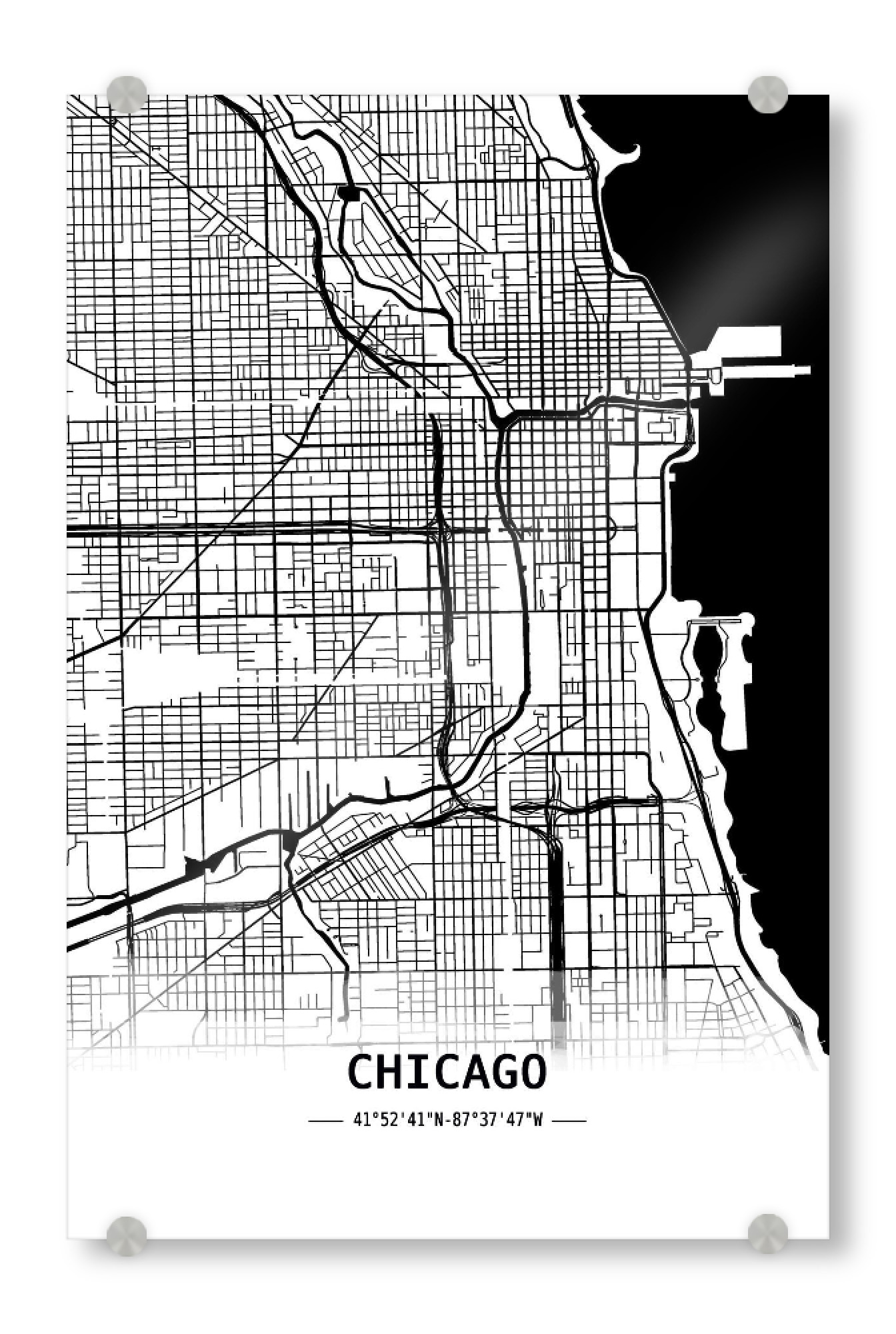 Acrylglasbild "Chicago Retro Map" artboxONE - Städte,Schwarzweiß,Städte / Chicago,Kartografie - Retro,Map,Chicago