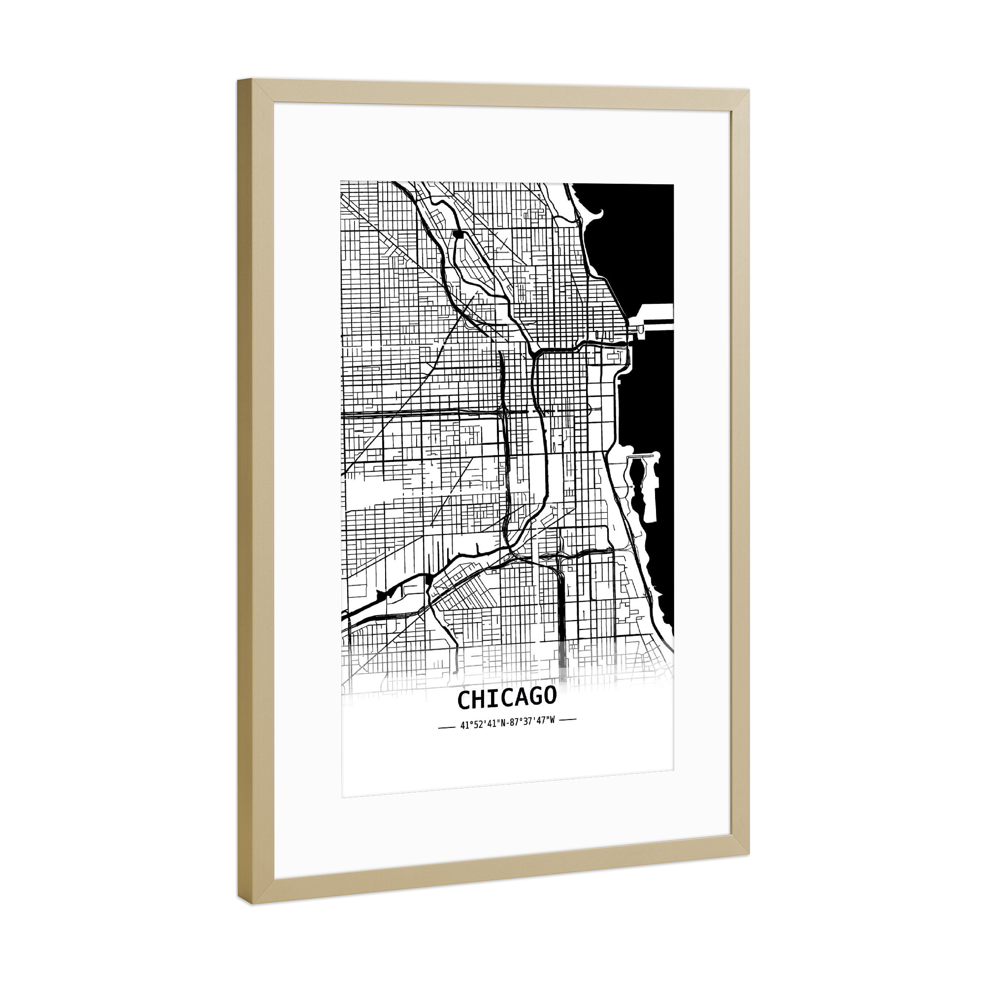 Poster mit Rahmen Gold "Chicago Retro Map" artboxONE - Städte,Schwarzweiß,Städte / Chicago,Kartografie - Retro,Map,Chicago