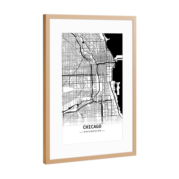 Poster mit Rahmen Kupfer "Chicago Retro Map" artboxONE - Städte,Schwarzweiß,Städte / Chicago,Kartografie - Retro,Map,Chicago