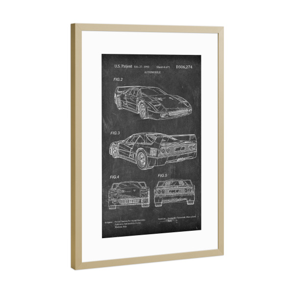 Poster mit Rahmen Gold "Sportwagen patent (Tafel)" artboxONE - Sport / Motorsport,Schwarzweiß,Automobile