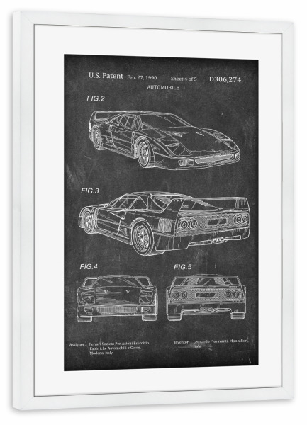 Poster mit Rahmen weiß "Sportwagen patent (Tafel)" artboxONE - Sport / Motorsport,Schwarzweiß,Automobile