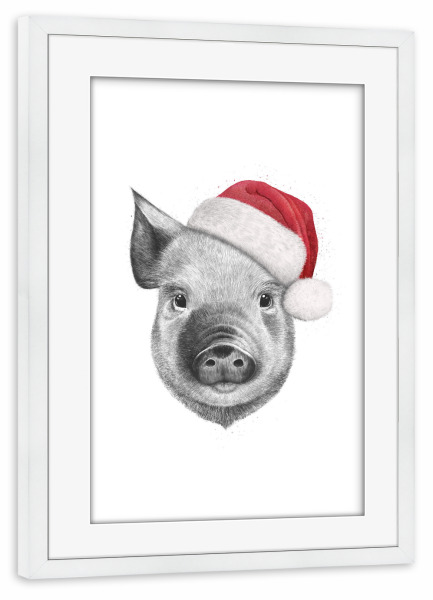 Poster mit Rahmen weiß "Christmas pig" artboxONE - Tiere,Schwarzweiß,Weihnachten - Pig,Merry christmas,Xmas,Winter