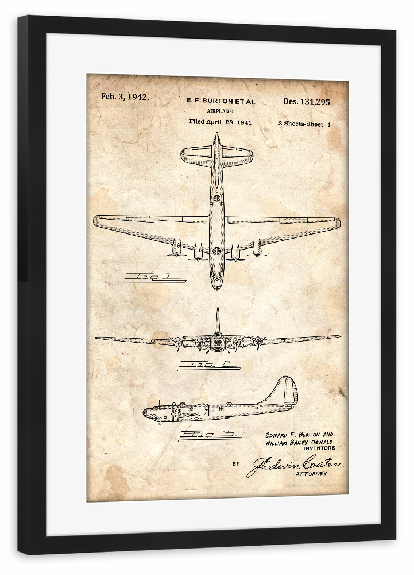 Poster mit Rahmen schwarz "Retro Flugzeug - Altes Papier" artboxONE - Reise