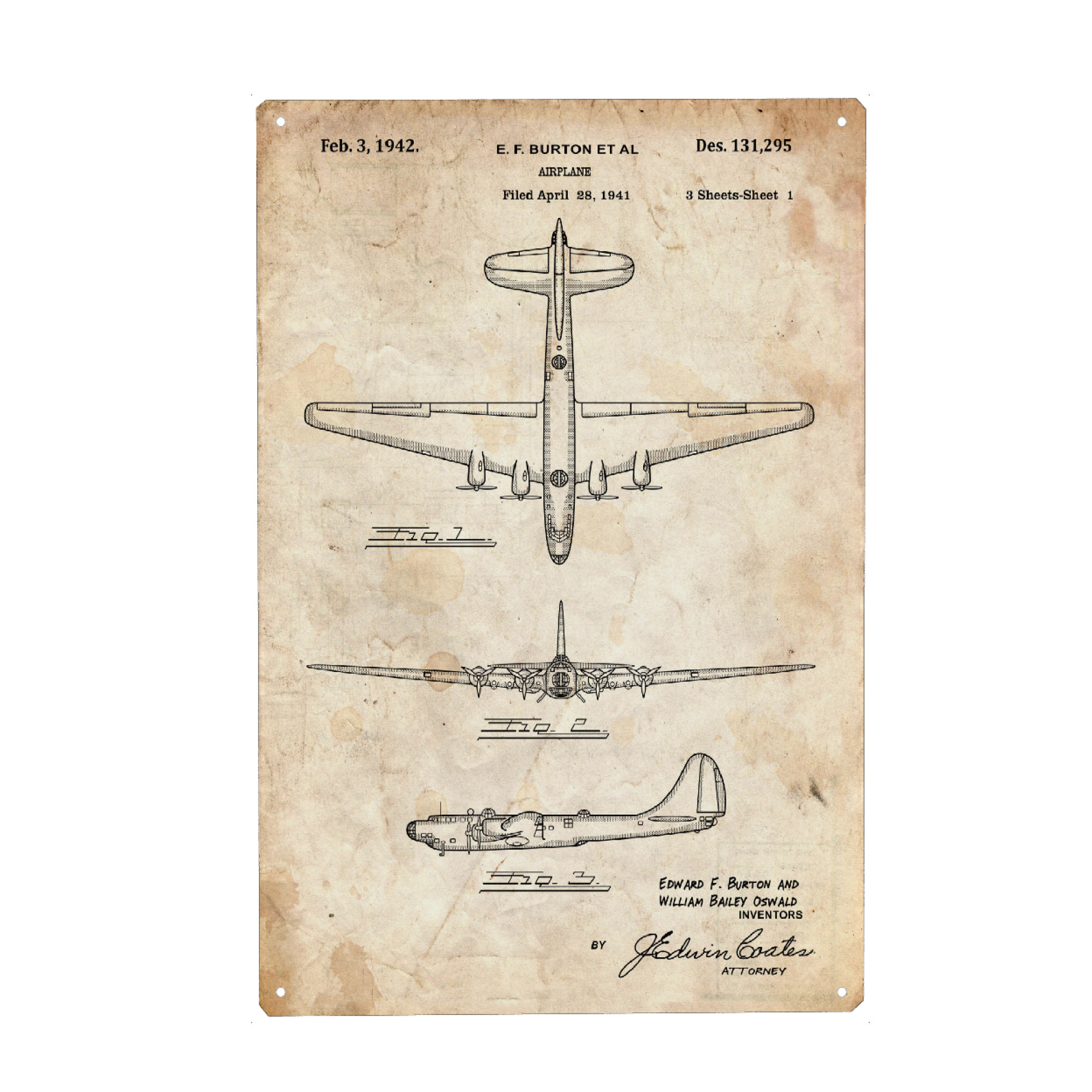 Metall Poster "Retro Flugzeug - Altes Papier" artboxONE - Reise - Retro,Flugzeug,Patent,Blaupause,Aviation,Luftfahrt,Vintage,Pilot,Antik,Alt