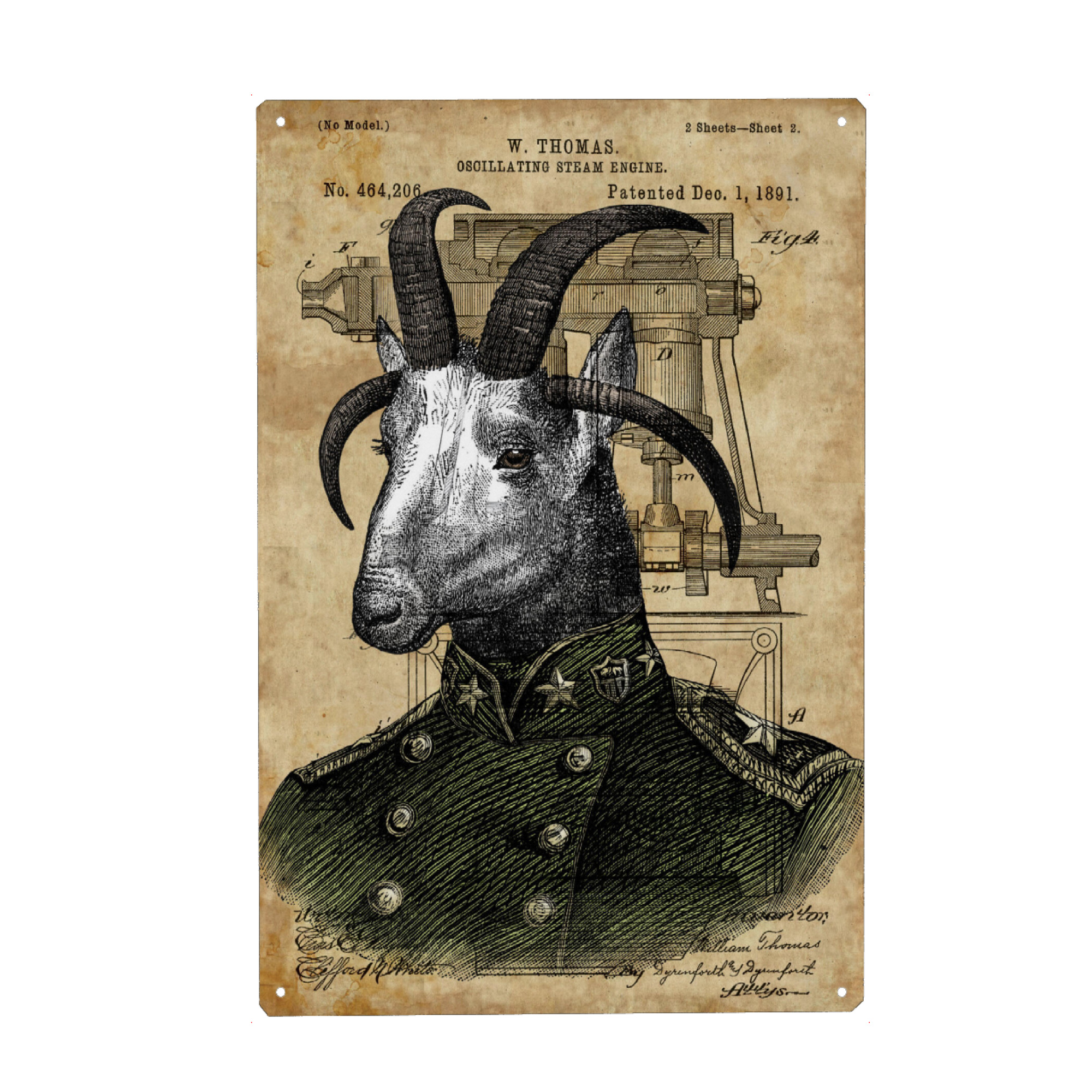 Metall Poster "Ziege in Uniform" artboxONE - Tiere - Unifrom,Tier,Steampunk,Entwurf,Ziege,Armee,General,Soldat - Blechschild