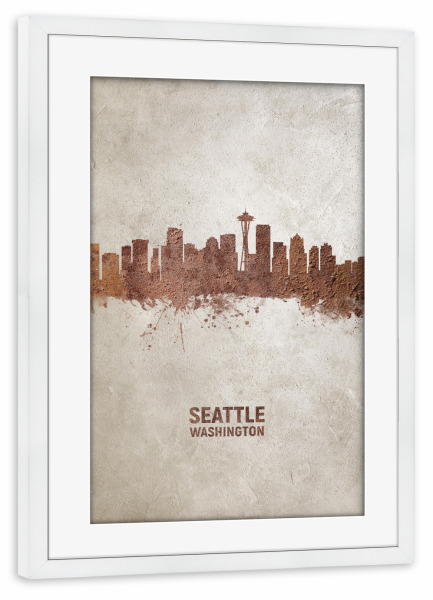 Poster mit Rahmen weiß "Seattle Washington Rusty Skyline" artboxONE - Städte - Seattle,Seattle skyline,Rust