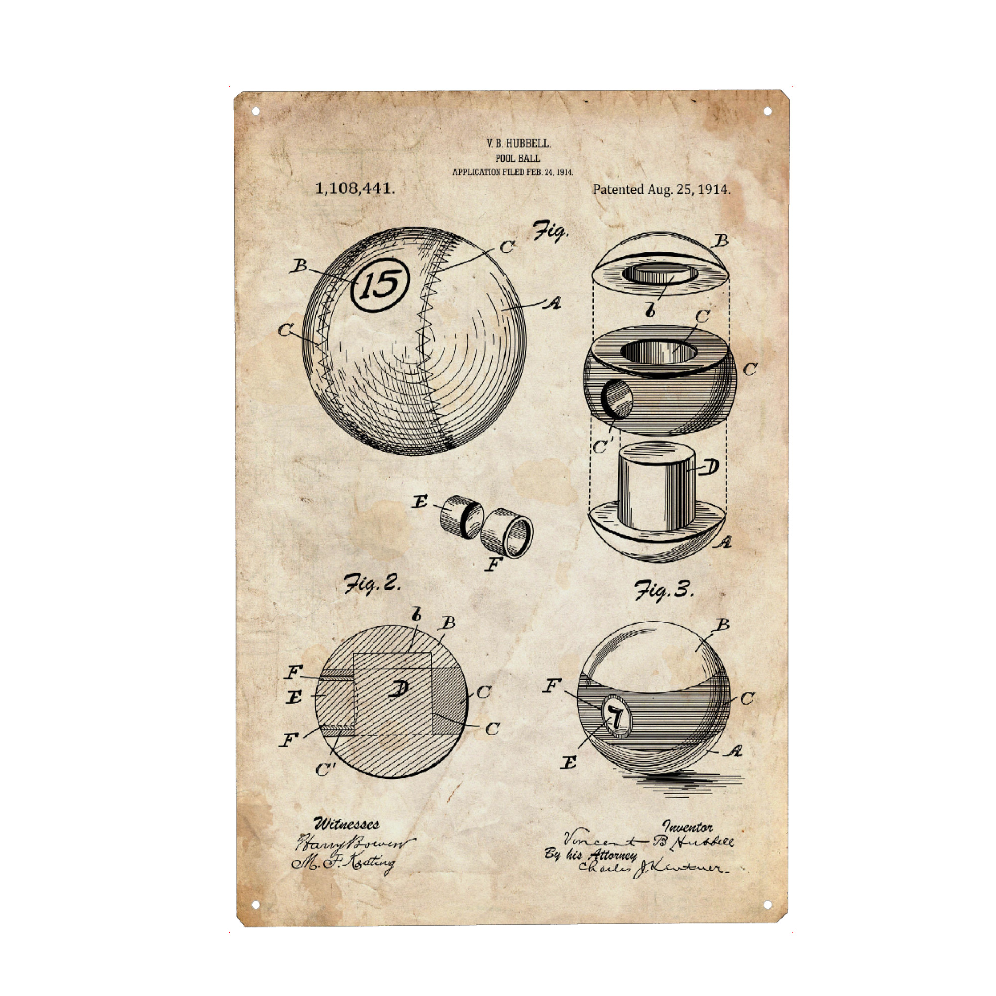 Metall Poster "Billiard Ball (Antik)" artboxONE - Sport,Männer - Poolbillard,Pool,Sport,Queue,Patent,Entwurf,Blaupause,Cue,Billard,Billardspiel