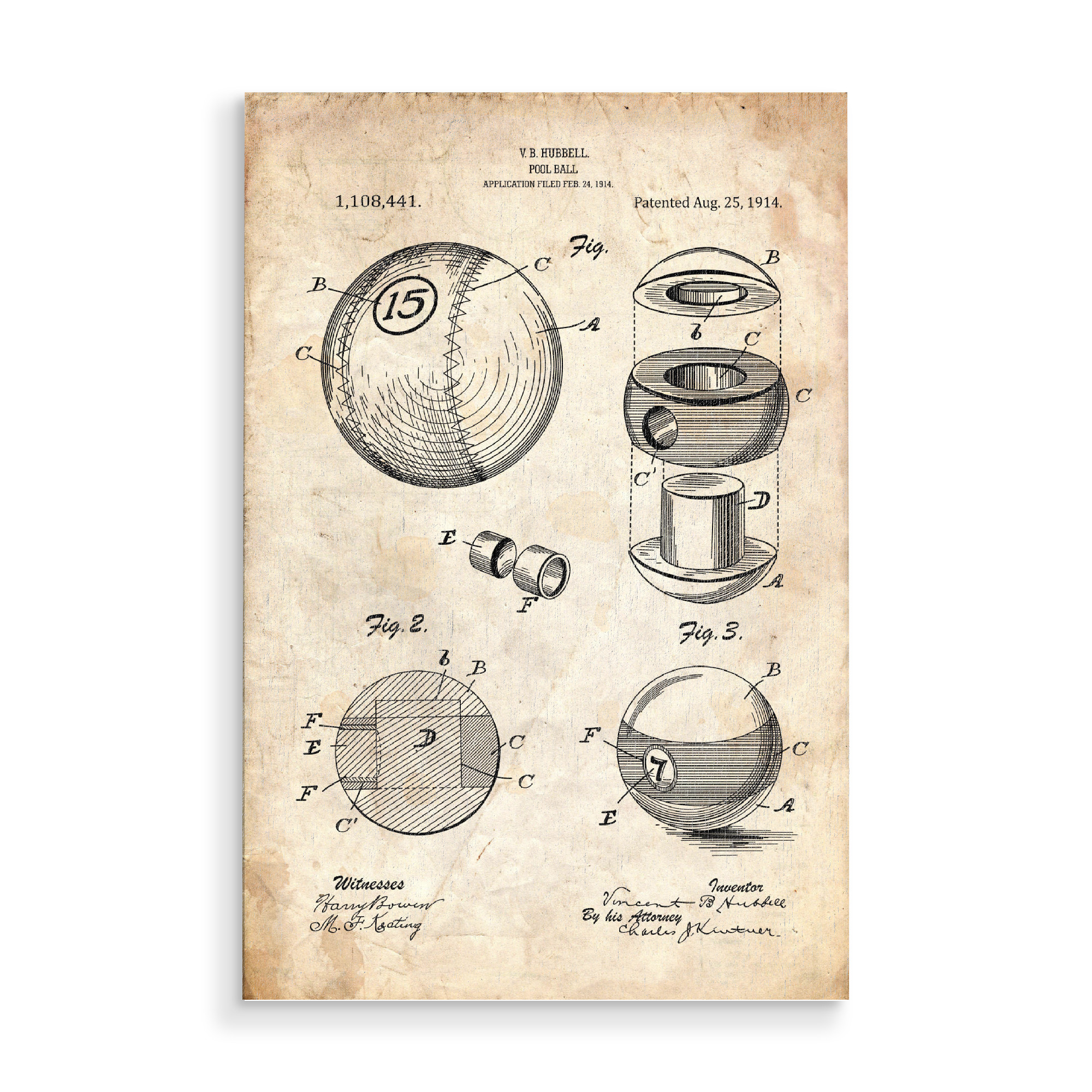 Holzbild "Billiard Ball (Antik)" artboxONE - Sport,Männer - Poolbillard,Pool,Sport,Queue,Patent,Entwurf,Blaupause,Cue,Billard,Billardspiel