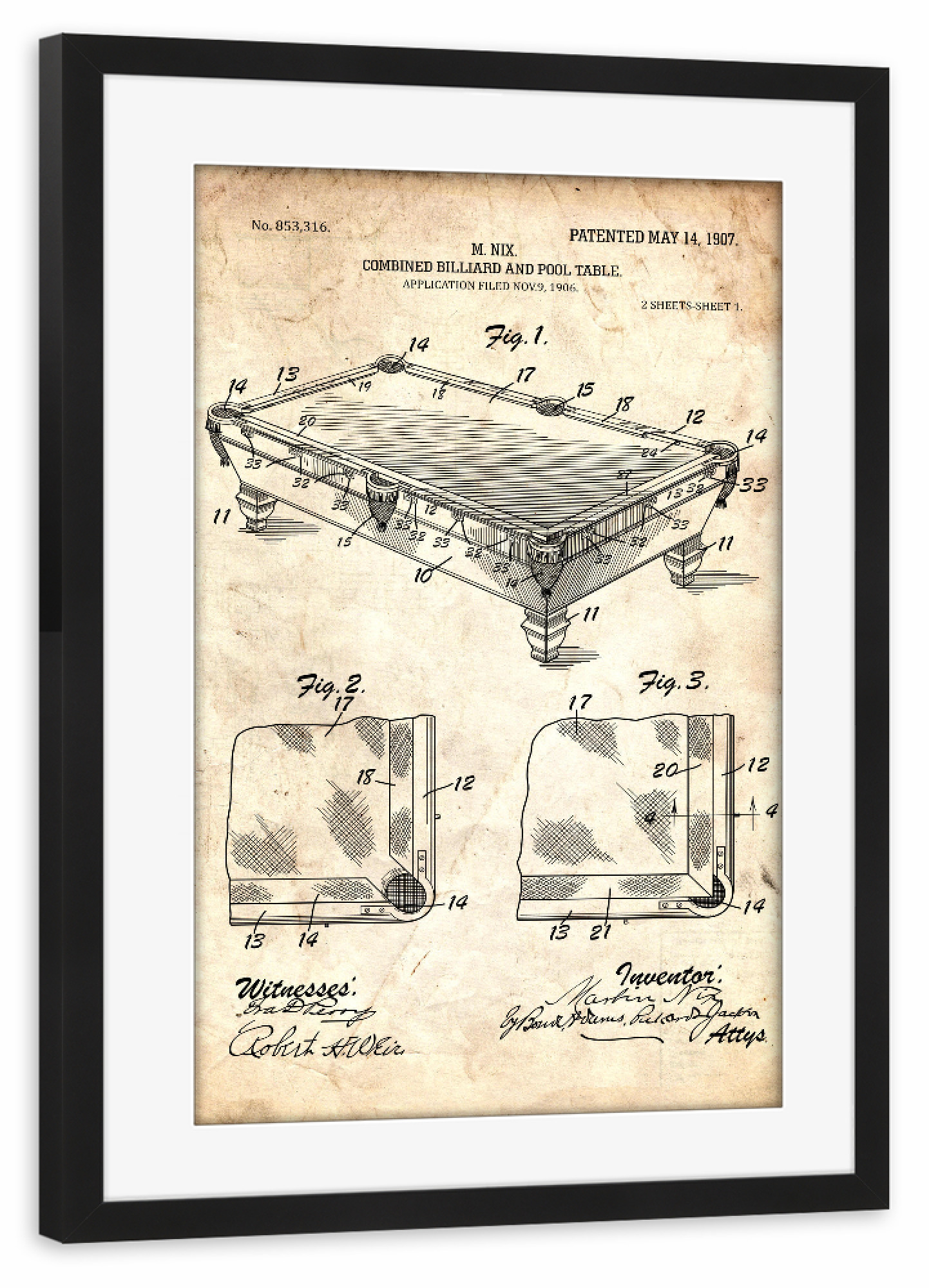 Poster mit Rahmen schwarz "Billardtisch Patent (Antik)" artboxONE - Sport,Männer