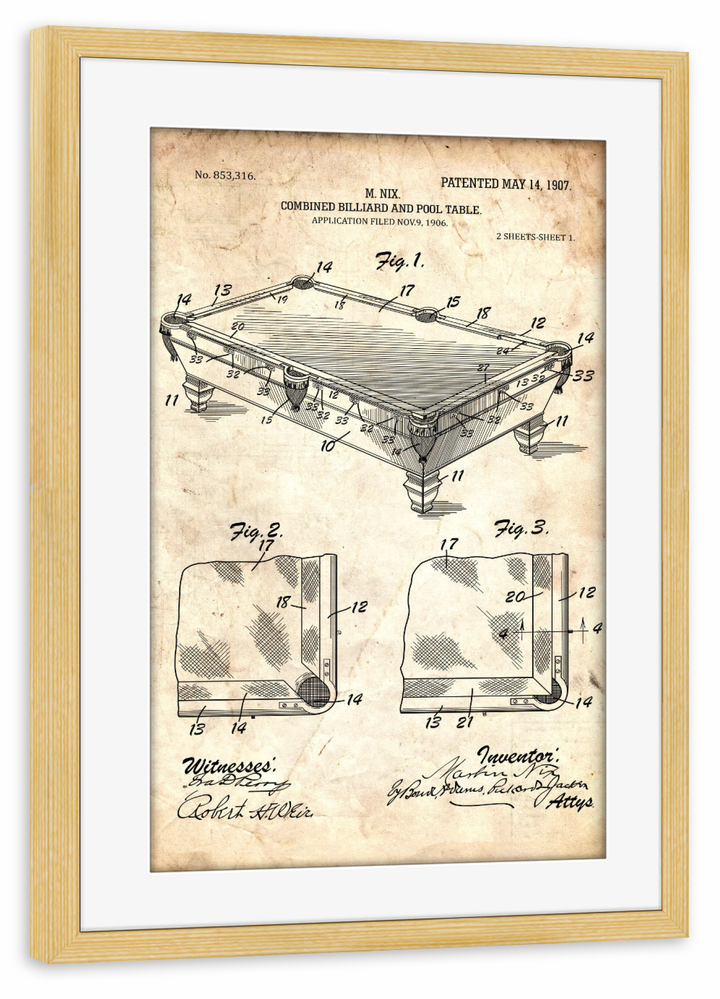 Poster mit Rahmen kiefer "Billardtisch Patent (Antik)" artboxONE - Sport,Männer