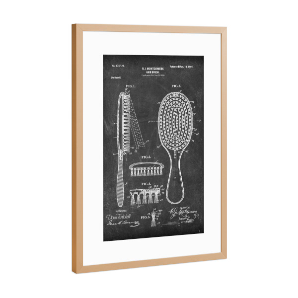 Poster mit Rahmen Kupfer "Haarbürste Patent (Tafel)" artboxONE - Schwarzweiß,Fashion