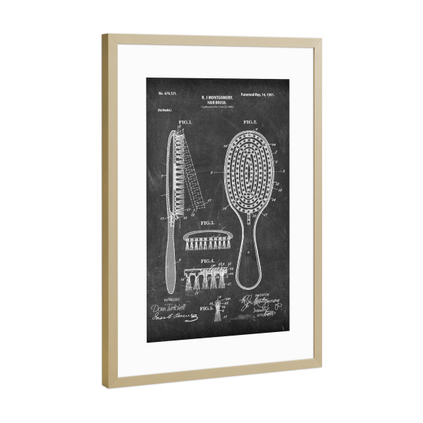 Poster mit Rahmen Gold "Haarbürste Patent (Tafel)" artboxONE - Schwarzweiß,Fashion