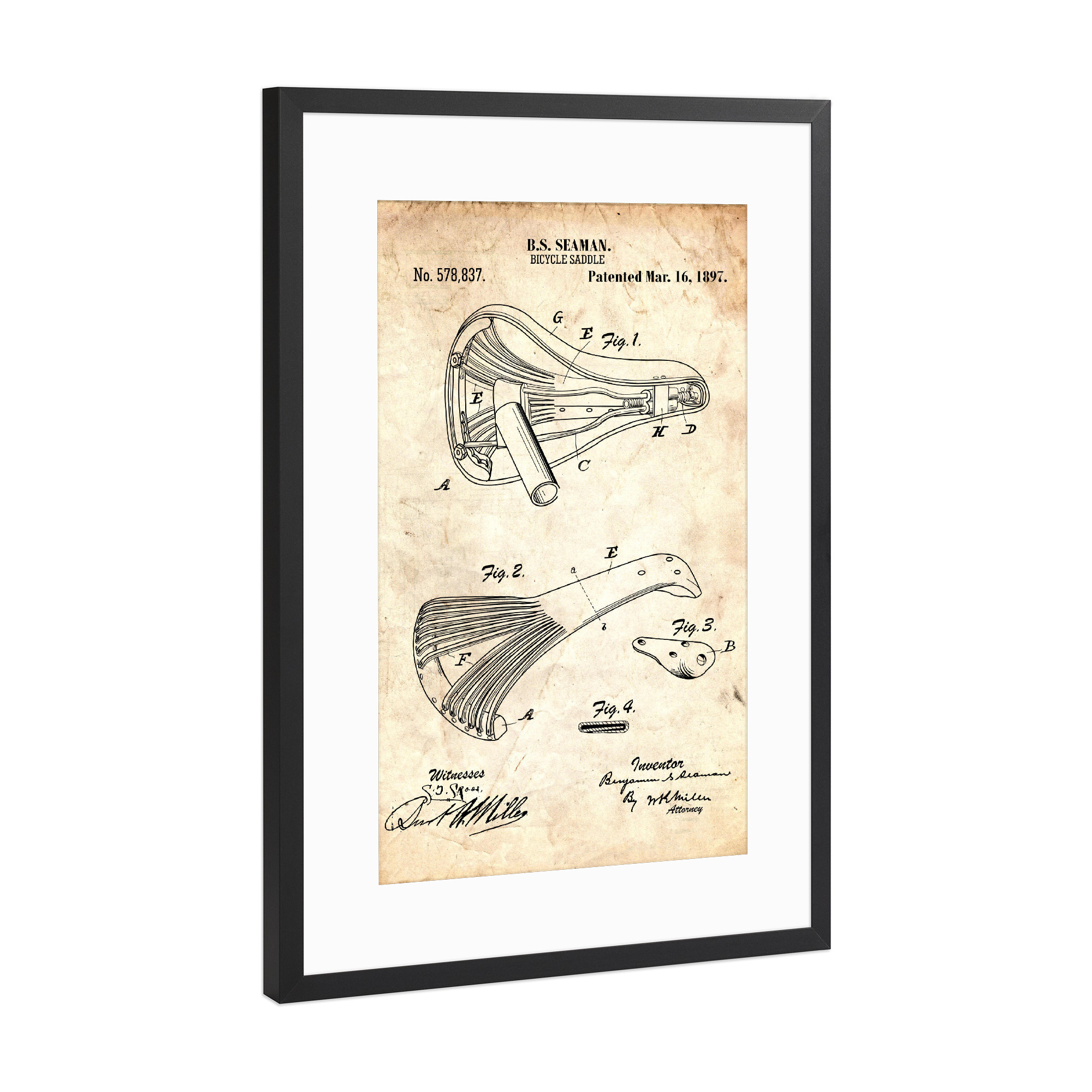 Poster mit Rahmen Schwarz (Metallic) "Fahrradsattel II (Antik)" artboxONE - Sport