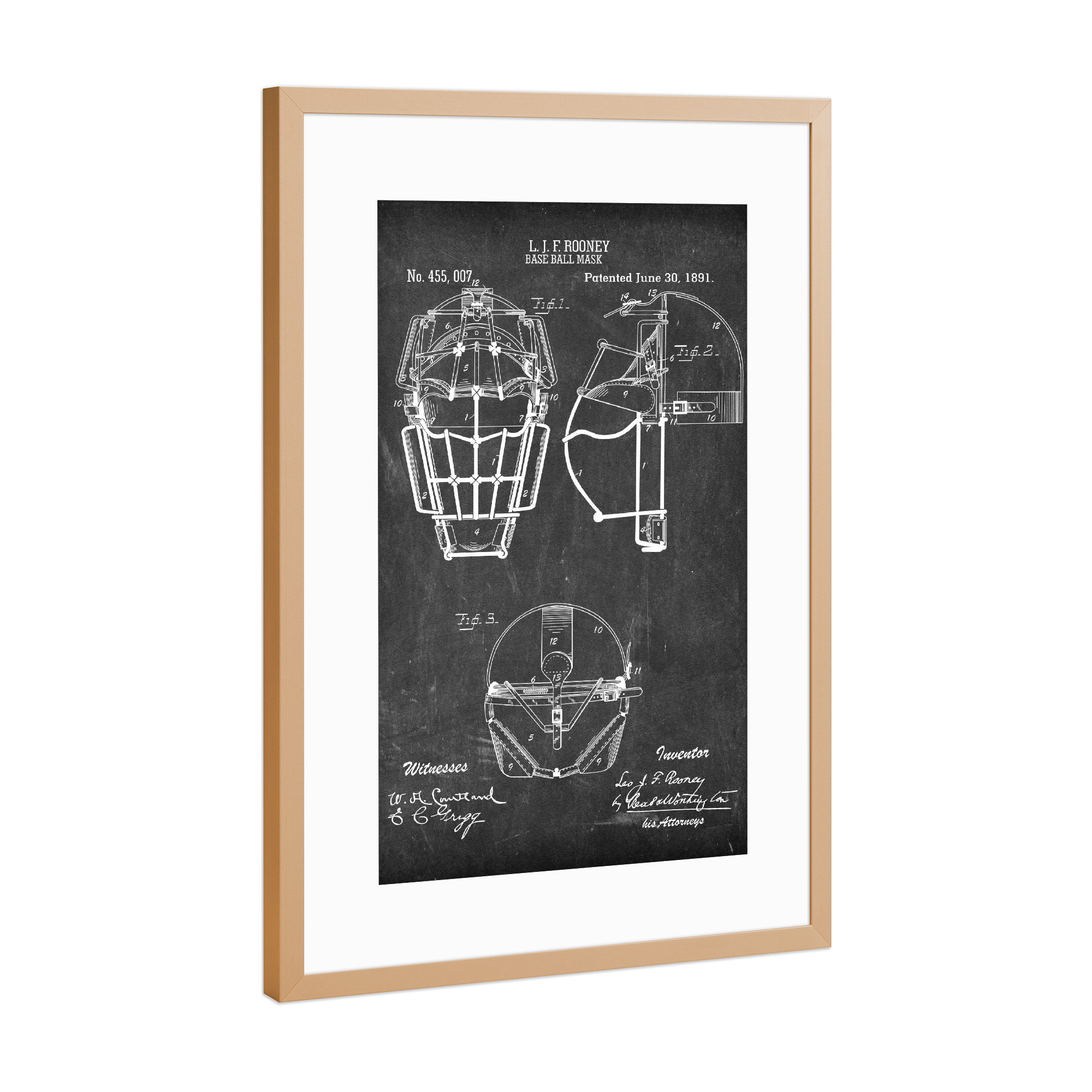 Poster mit Rahmen Kupfer "Baseball - Maske Patent II (Tafel)" artboxONE - Schwarzweiß,Sport