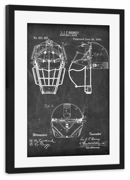 Poster mit Rahmen schwarz "Baseball - Maske Patent II (Tafel)" artboxONE - Schwarzweiß,Sport
