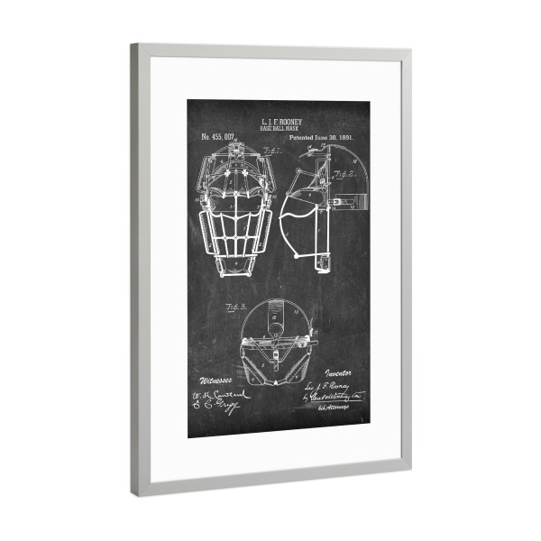 Poster mit Rahmen Silber "Baseball - Maske Patent II (Tafel)" artboxONE - Schwarzweiß,Sport