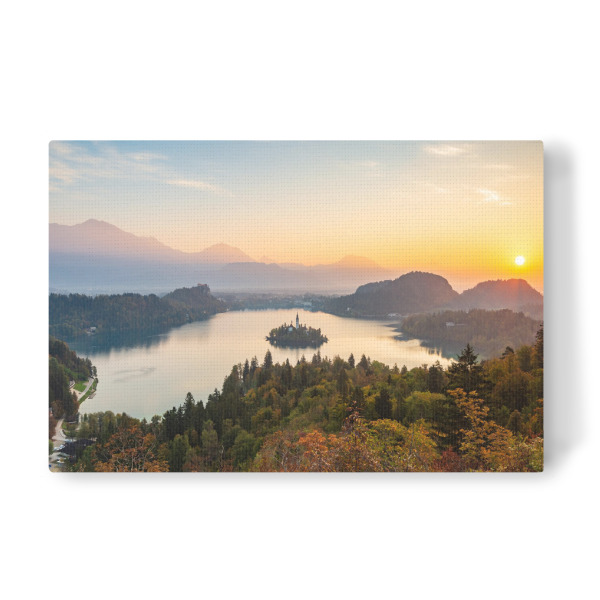 Leinwandbild "Bleder See in Slowenien" artboxONE - Reise / Länder - Sonnenaufgang,Herbst,Berge
