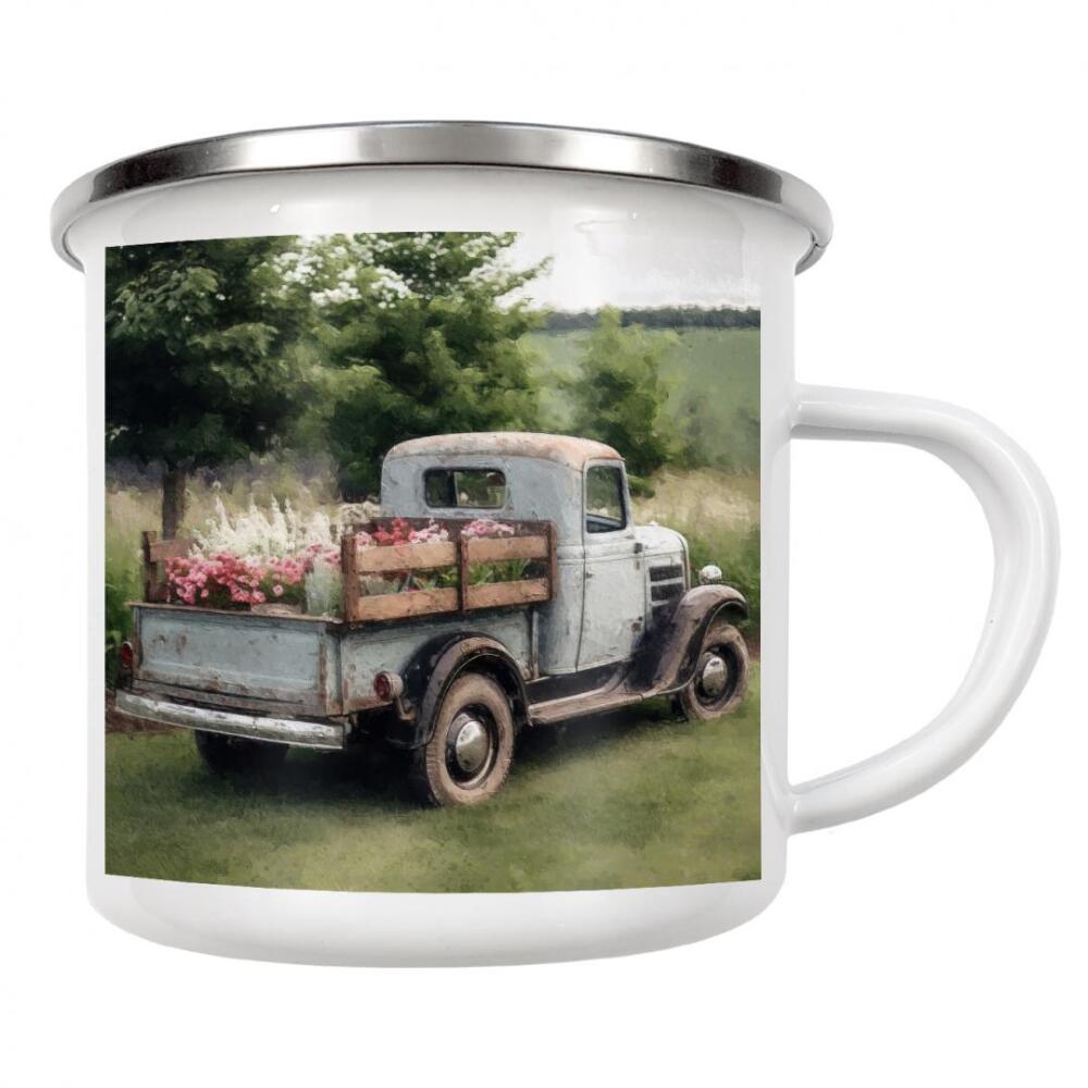 Emaille Tasse "Blumenabholung E" artboxONE - Natur,Floral,Automobile - Vintage,Automobil,Pickup,Lkw,Blumen,Blume,Feld,Natur