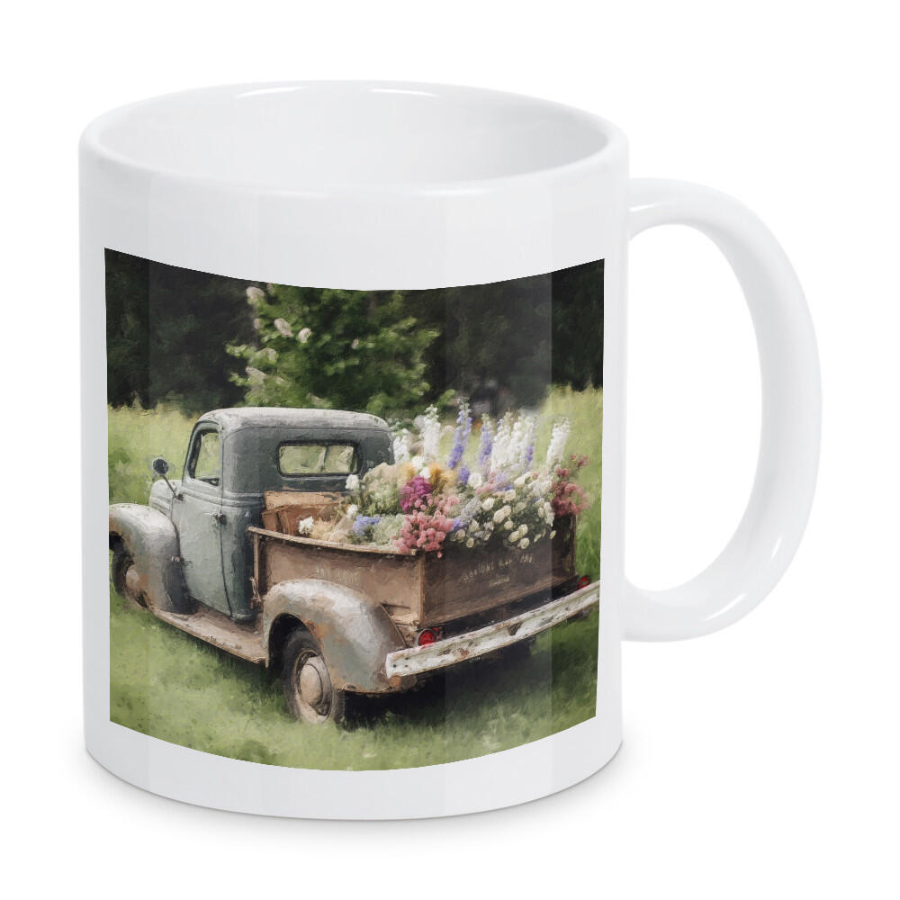 Tasse "Blumenpflücker J" artboxONE - Natur,Floral,Automobile - Vintage,Blumen,Blume,Feld,Natur,Pickup,Lkw,Automobil