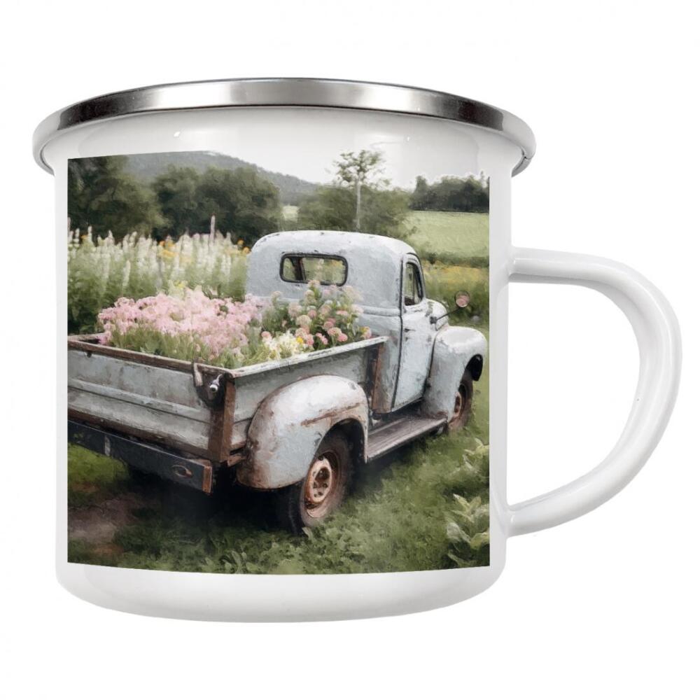 Emaille Tasse "Blumenabholung K" artboxONE - Natur,Floral,Automobile - Vintage,Blumen,Blume,Feld,Pickup,Lkw,Automobil