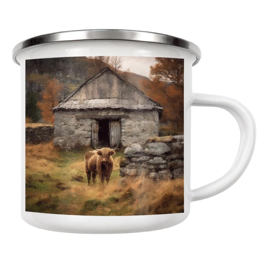 Emaille Tasse "Hochland" artboxONE - Natur,Reise,Tiere - Hochland,Rinder,Kuh,Stier,Architektur,Felder,Landschaft,Landschaft