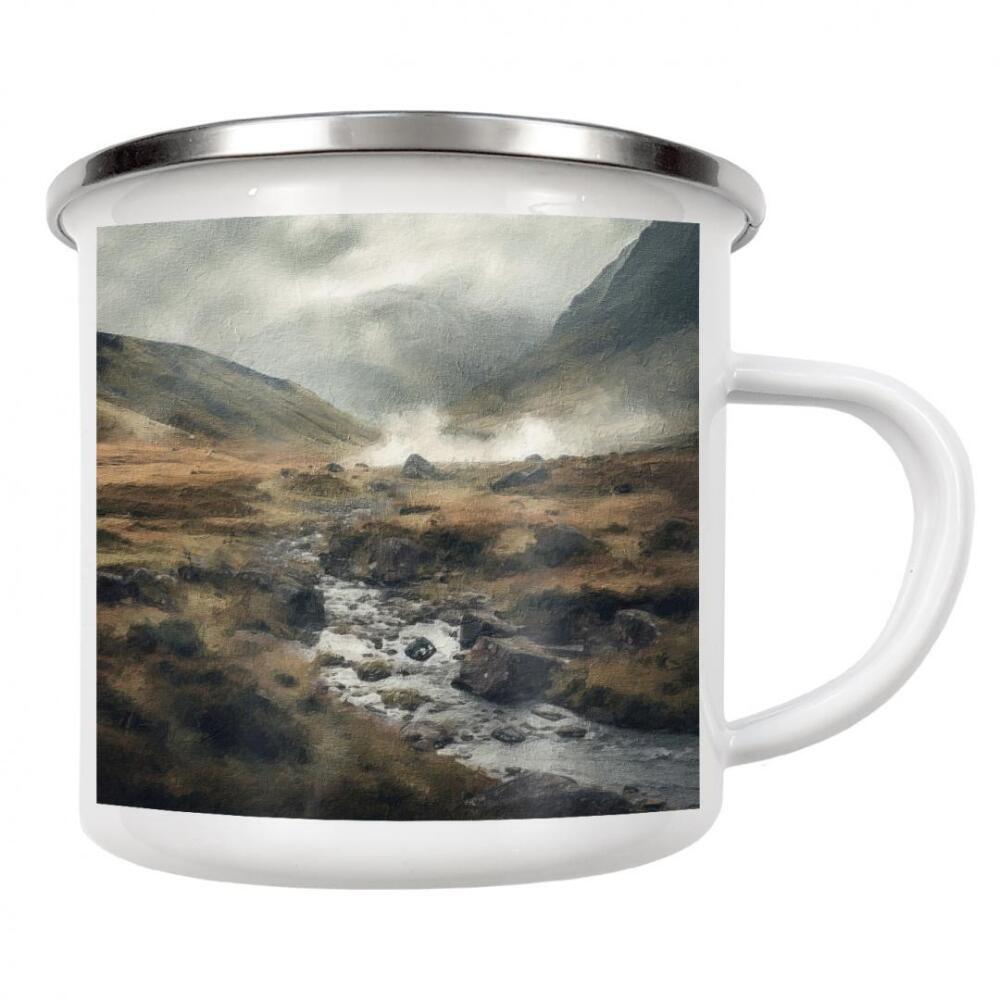 Emaille Tasse "Fluss im Hochland" artboxONE - Natur - Fluss,Natur,Landschaftlich,Berge,Landschaft,Nebel
