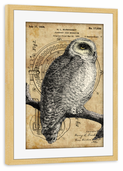 Poster mit Rahmen kiefer "Antik Eule" artboxONE - Tiere - Eule,Steampunk,Retro,Vintage