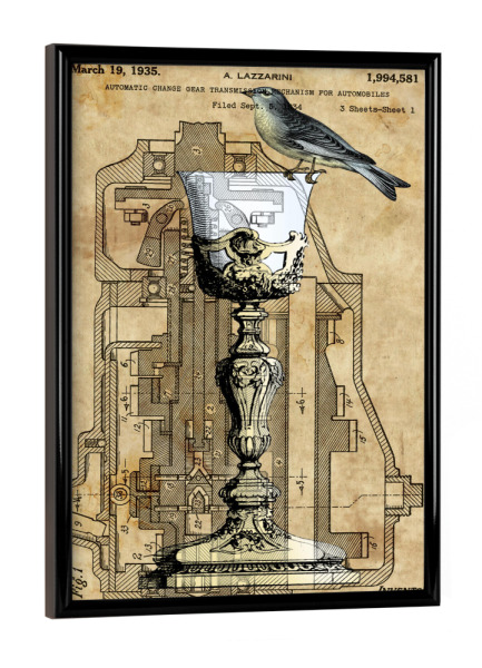 Poster mit schwarzem Rahmen "Vogel auf einem Weinglas" artboxONE - Tiere - Vogel,Retro,Vintage,Steampunk,Weinglas