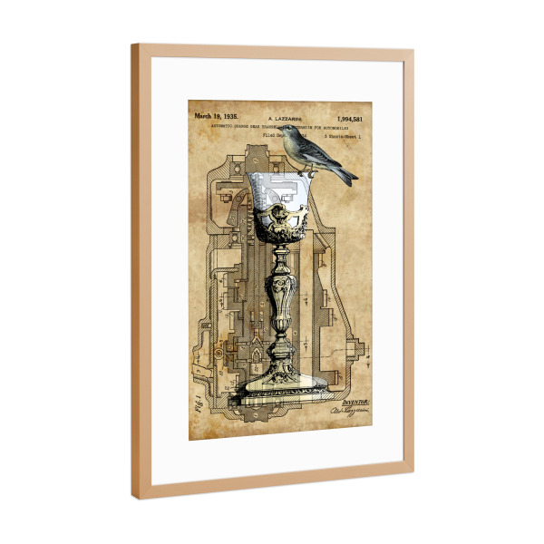 Poster mit Rahmen Kupfer "Vogel auf einem Weinglas" artboxONE - Tiere - Vogel,Retro,Vintage,Steampunk,Weinglas