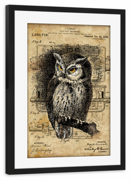 Poster mit Rahmen schwarz "Eule auf einem Baum" artboxONE - Tiere - Eule,Steampunk,Retro,Vintage