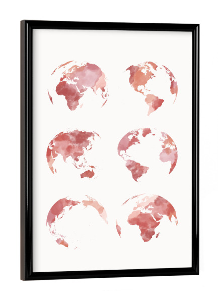 Poster mit schwarzem Rahmen "World map in watercolor pink" artboxONE - Kartografie - World,Map,Worldmap,World map,Weltkarte